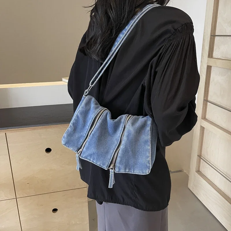 Women'S Bags New Look - Solid Zipper Denim Versatile Shoulder Bag
